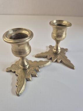 Vintage Pair Brass Candle Sticks with Butterfly Base Small Candle Holders